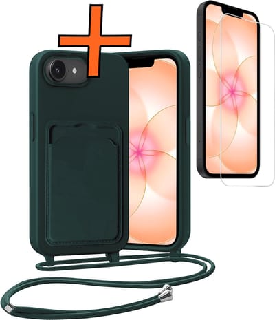 Hoesje Geschikt voor iPhone 17e Hoes Met Telefoonketting Met Screenprotector - Backcover Geschikt voor iPhone 17e Case Met Koord - Donkergroen