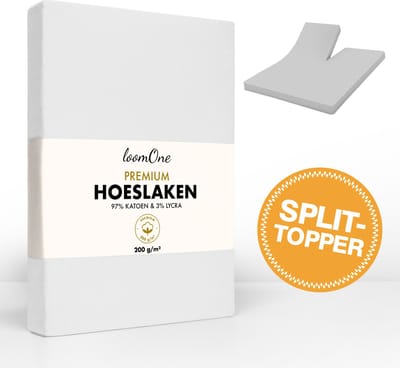 Loom One Premium Splittopper Hoeslaken – 97% Jersey Katoen / 3% Lycra – 200x200 cm – tot 10cm matrasdikte– 200 g/m² – Wit