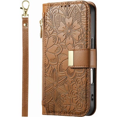 Compatible avec iPhone 17/16e/15/14/13/12 Pro Max 16 Plus Étui Portefeuille à Fermeture Éclair avec Lanière Double Porte-Cartes Support à Rabat Boucle Magnétique For iPhone 15 Plus marron