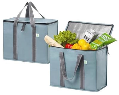 Set van 2 Grote Koeltas met Deksel - Sterke Handvatten en Hard Bottom - Opvouwbare en Herbruikbare Lunchtas - Lichtblauw