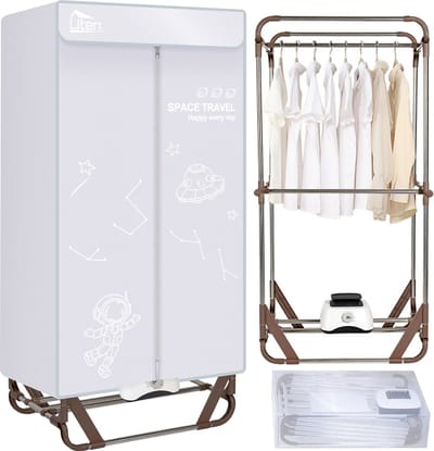 Uten Draagbare elektrische droger JY-01 - 2 lagen droog - Inklapbaar Design - Warmtepompdroger - 1500 W - Timer 0-180 Min - Droogrek met Verwarming - Wasdroger - Tot 10kg wasgoed - Als wasdroger, droogrek en Kledingkast- Hoogte 1.4 M - Grijs