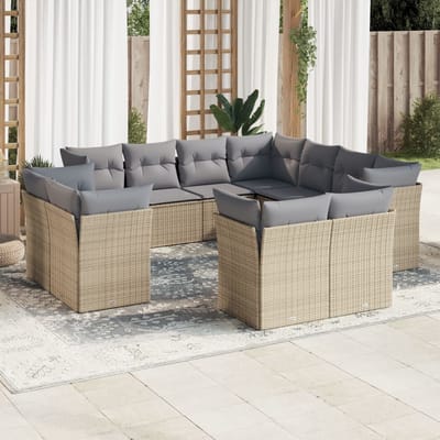 vidaXL - 11-delige - Tuinset - met - kussens - poly - rattan - beige