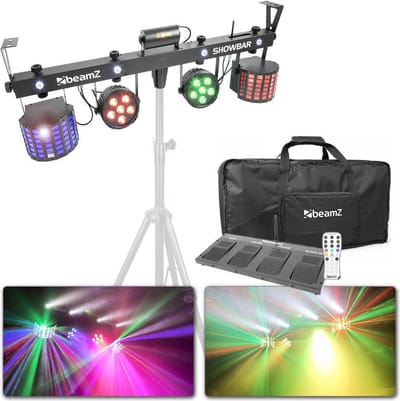 BeamZ Showbar alles-in-een lichtset met LED discolampen, laser en draadloze voetcontroller