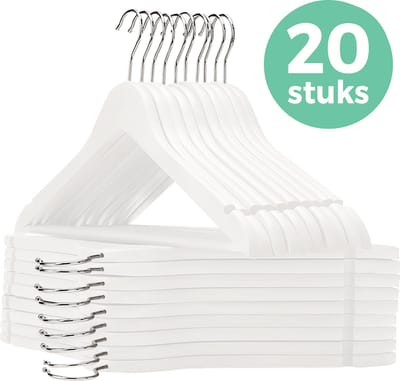 LifeGoods Kledinghangers - 20 Stuks - Kleerhangers - Broekhangers - Hardhout - Hangers Kleding - Metalen Draaibare Haak - Wit