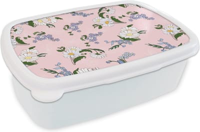 Broodtrommel Wit - Lunchbox - Brooddoos - Patronen - Vergeet me nietjes - Bloemen - Girl - Kids - Kinderen - 18x12x6 cm - Volwassenen