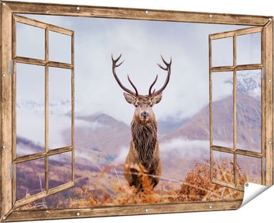 Gards Tuinposter Doorkijk Hert in de Bergen - 180x120 cm - Tuindoek - Tuindecoratie - Wanddecoratie buiten - Tuinschilderij