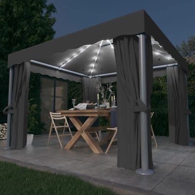 vidaXL - Prieel - met - gordijn - en - LED-lichtslinger - 3x3 - m - antracietkleurig