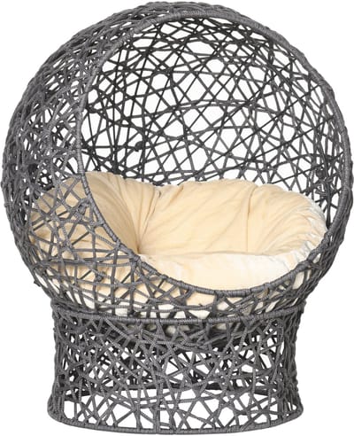 Killogood Verhoogd kattebed/hol in grotstijl, 50 x 50 x 60 cm, inclusief zacht kussen, crème, met paars polyester touw