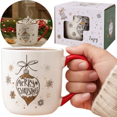 Witte, FEESTELIJKE PORSELEINEN MOK met oor en kerstbalmotief – VERPAKT IN EEN CADEAUVERPAKKING 320 ml