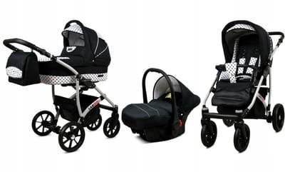 BabyLux® Kinderwagen 3in1 – LARGO - BLACK DOTS SILVER FRAME - Opklapbare Wandelwagen incl. Reiswieg, Multifunctionele Buggy Sportstoel, Autostoel - Combi-kinderwagen met Luiertas, Regenhoes, Klamboe, Bekerhouder, etc.