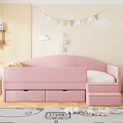 Wishdor – Gestoffeerd kinderbed met 2 laden – 90 x 190 cm – Roze fluweel – Met treden en antislip – Veiligheidshek – Voor meisjeskamer – Zacht en veilig