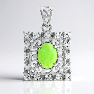 Cavill - Zilveren Hanger 925 Sterling Zilver - Chrysopraas Ovaal 0,4 ct + 16 Witte Topazen 0,643 ct - Elegant Filigrain