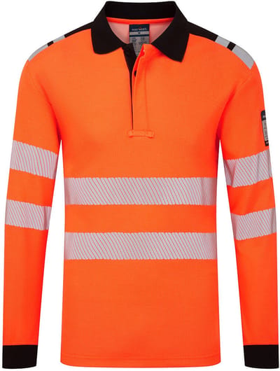 Portwest PW3 Modaflame Knit HVO Vlamvertragend Poloshirt met lange mouw FR734 - Oranje/Zwart - L