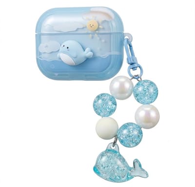 Lichtblauw transparant hoesje voor oordopjes dames met oceaan en dolfijn design geschikt voor AirPods Pro 2 met kralen koord en speelse hanger