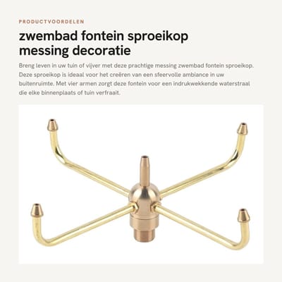 Dailygoods- Sproeikop Messing - Fonteinzuigmond - Decoratie voor Tuinen - 4 Armen - G1/2 Schroefdraad - Instelbare Rotatiesnelheid - Fonteinsproeier
