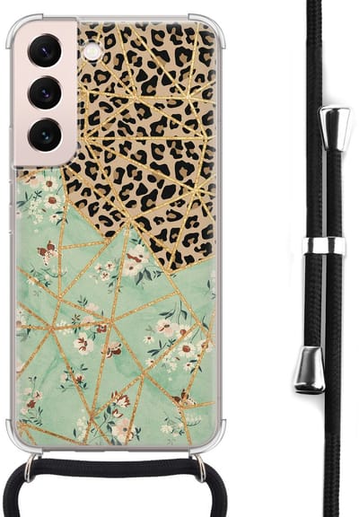 Hoesje met koord - Geschikt voor Samsung Galaxy S22 - Luipaard bloemen print - Verstelbaar zwart koord - Crossbody - Bloemen - Transparant, Multi - Leuke Telefoonhoesjes