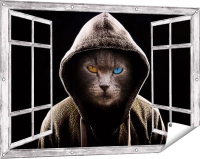 Gards Tuinposter Doorkijk Boze Kat Draagt een Hoodie - 120x80 cm - Tuindoek - Tuindecoratie - Wanddecoratie buiten - Tuinschilderij