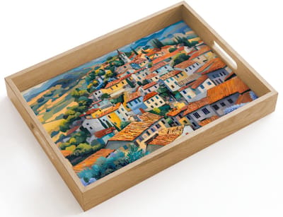 Dienblad hout 40x30 cm - Schootdienblad - Dorp - Heuvels - Landschap - Bomen - Borrelplank rechthoek - Plateau dienbladen