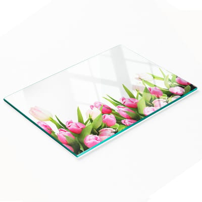 Decoratieve glazen snijplank met roze tulpenmotief, 80x52 cm
