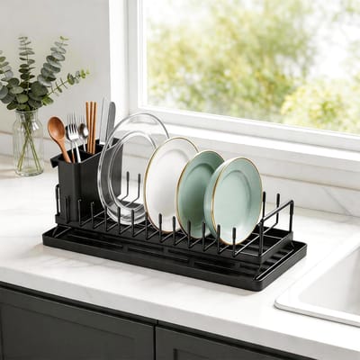 Compact Afdruiprek - Gootsteenrek Keuken - Keuken Organiseren - Inclusief Droogmat - 41.9 x 17 x 15 cm - Zwart
