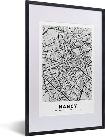 Fotolijst incl. Poster - Stadskaart - Frankrijk - Kaart - Nancy - Plattegrond - 40x60 cm - Posterlijst