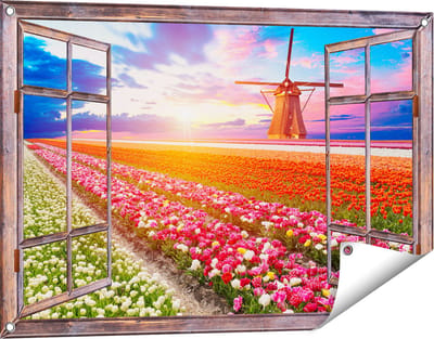 Gards Tuinposter Doorkijk Kleurrijke Bloemenveld met een Windmolen - 90x60 cm - Tuindoek - Tuindecoratie - Wanddecoratie buiten - Tuinschilderij