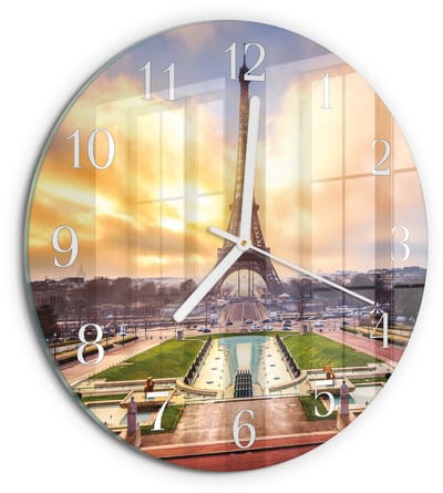 Tulup Wandklok - Eiffeltoren Decoratieve Glazen Klok - 30fi cm - Veelkleurig Glazen Wandklok Design - Witte Handen - Ronde Wandklok - Glazen Klok Met Print - Wandklok Glas Met Motief