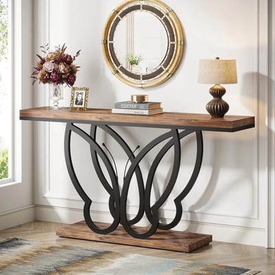 QUESTYR Rustieke Consoletafel – 140 cm – Donker Kaki – Industriële Haltafel met Vlinder‑Metaalframe – Smalle Banktafel voor Woonkamer & Entree