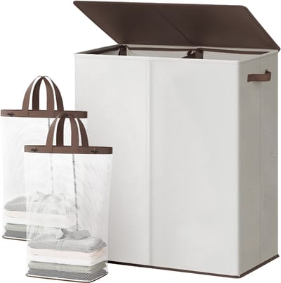 JCP® Wasmand - 145L - Wasmand 2 Vakken - Wasmand met Deksel - Gebroken Wit - 58cm x 38cm x 67cm