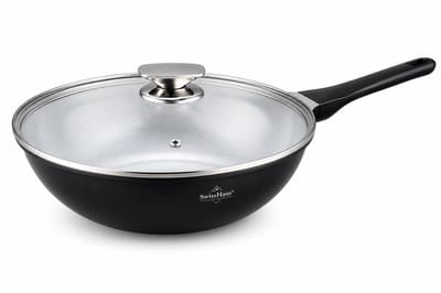 Swiss Haus® BW28B Wokpan Inductie met Deksel - Ø 28 cm / 4.0 Liter - PFAS Vrij - Wokpannen Voor Alle Warmtebronnen - Wok Pan Met Sapphire™ Antiaanbaklaag - Zwart