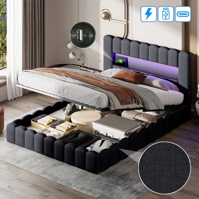 Tweepersoonsbed, 140x200 cm, gestoffeerd, met ingebouwd matras, zacht hoofdeinde, met LED- en USB-aansluiting, exclusief matrashoes, grijs