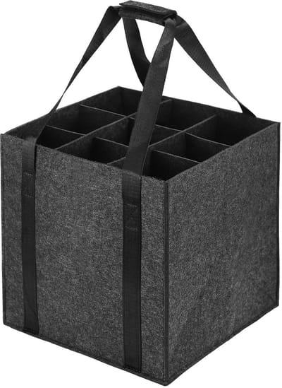 Dailygoods- Flessentas met 9 vakken - Inklapbare Flessenhouder - Herbruikbaar - Donkergrijs - 27 x 27 x 27 cm - Veilig voor Drankflessen - Wijnhouder