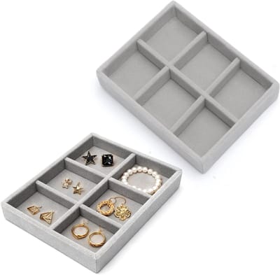 2 Stuks Kleine Sieraden Tray, Fluwelen Inleg voor Lades, Sieraden Organizer met 6 Compartimenten, Grijs en Praktisch voor Opberging