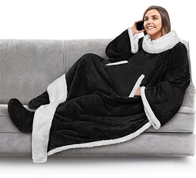 Dikke Sherpa-deken met mouwen en voetzak voor volwassenen - Cozy Omslagdoek, Fleece Knuffeldeken, Ideaal als Geschenk