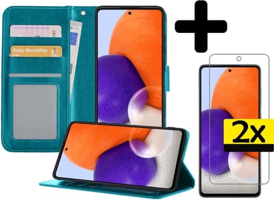 Hoesje - Met 2x Screenprotector - Geschikt voor Samsung Galaxy A72 5G - Luxe Pasjeshouder - Bookcase Portemonee - Flip Case - Kunstleer Book Case - Flipcase Hoes - Book Cover - Walletcase - Portemonneehoes - Telefoonhoesjes - Turquoise