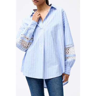 French Connection Cambria Cotton Str Trim Shirt Blue/white Maat: XS | Longsleeves Outlet | Dames | Wit