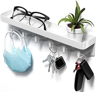 PromoHome Wandmontage Sleutelrek met Plank en 6 Haken - Zelfklevend of Schroefmontage - Ruimtebesparende Organizer voor Sleutels, Keukenaccessoires en Huishoudelijke Items - Wit