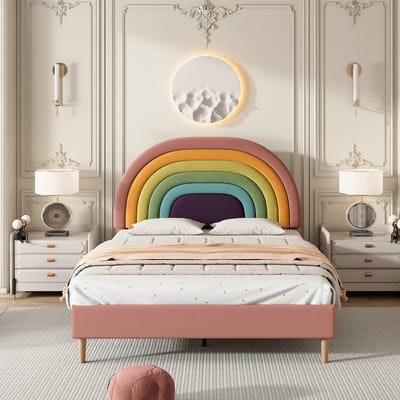 VVBV Gestoffeerd Bed 140x200 cm, Fluweel Tweepersoonsbed met Lattenbodem & Verstelbaar Hoofdbord, Roze