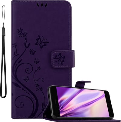 Cadorabo Hoesje geschikt voor Xiaomi Mi A1 / Mi 5X in BLOEMEN DONKER PAARS - Beschermhoes in bloemmotief met magnetische sluiting, standfunctie en kaartsleuven Book Case Cover Etui