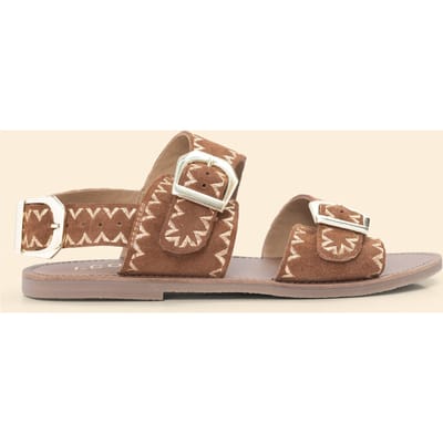 ICode Camel Leather Velour Embroidered Flat Sandals Camel Maat: 36 | Sandalen Outlet | Dames | Bruin