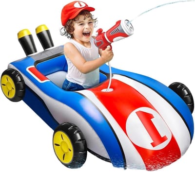 Drijvende auto voor zwembad, grappig zomerspel met sproeiapparaat in de vorm van een auto, drijvende auto voor kinderen met waterspelletjes, voor achtertuin, zee, jongens, meisjes, tieners, studenten