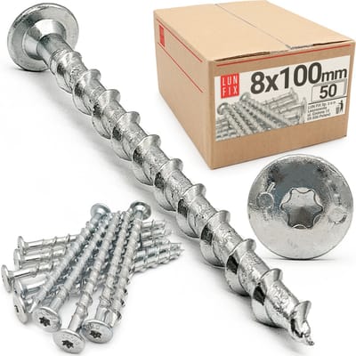 LUN FIX - Tellerkopfschroeven 8x100 mm - 50 stuks - galvanisch verzinkt - gasbetondoppen geschikt