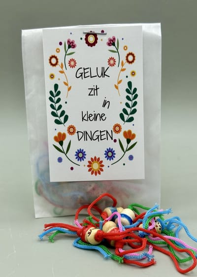 10 stuks/Geluk zit in kleine dingen/kadozakje/gelukspoppetjes/uitdeel/kleine kadootjes/zomaar/weggeef kadootje/geluk/zakje geluk