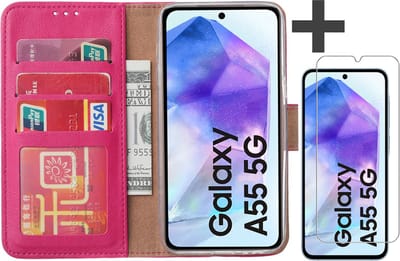 Hoesje met Screenprotector Geschikt voor Samsung Galaxy A55 – Arara bookcase met pasjeshouder - Roze