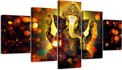 Indiase Wanddecoratie Set - Olifant Kunst - Woonkamer Decoratie - Houten Ingelijst Canvas - 5 Delig - Groen Zwart