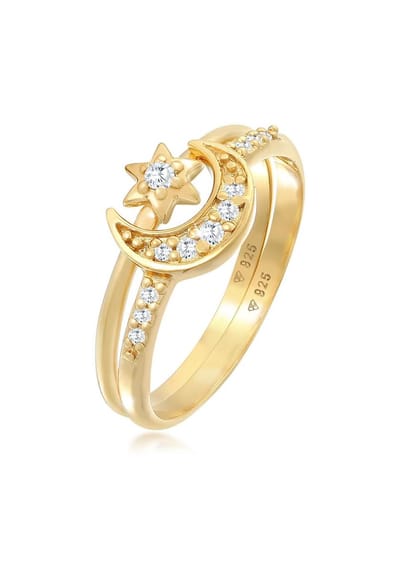 Elli - Ring - Dames Stacking Ring Set Sterren Maan Astro Trend met Zirkonia Kristallen in 925 Sterling Zilver - Dames