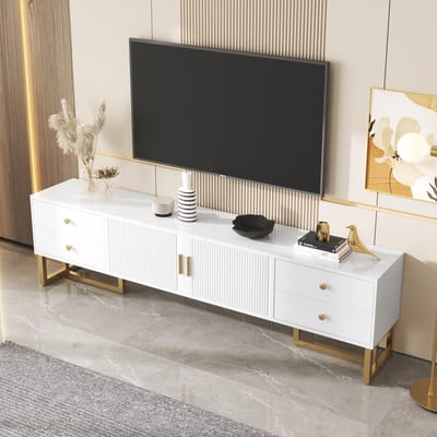 STILVORA TV meubel - Modern TV-Lowboard Zwart - 2 Deuren, 4 Lades - Gouden Handgrepen En Poten - Rechthoekige Vorm - Voor Woonkamer En Slaapkamer - 175 L x 30 B x 46 H cm - MDF