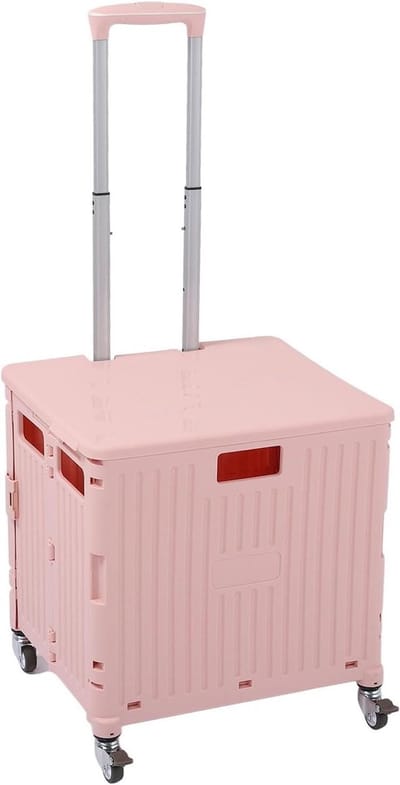 Roze opvouwbare utiliteitskar opvouwbare rollende krat met 360 ° rotatie telescopische handgreep en deksel voor gemakkelijk winkelen opslag en kantoortransport
