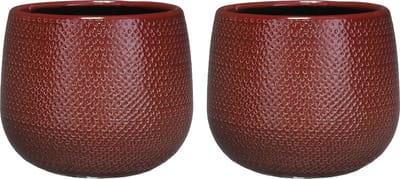 Set van 2x stuks keramiek aardewerk bloempotten van 16 x 18 cm in het geribbeld bordeaux rood - Mica Decorations plantenpotten