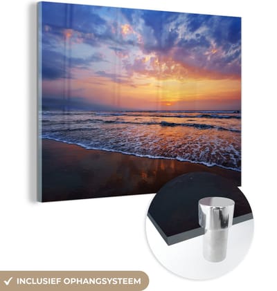 MuchoWow® Glasschilderij 160x120 cm - Schilderij acrylglas - Zee - Zon - Kleuren - Foto op glas - Muurdecoratie woonkamer - Wanddecoratie slaapkamer - Schilderijen